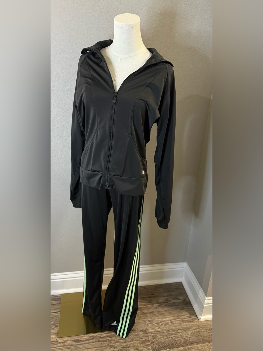 adidas Black Women's Track Jacket and Joggers with Mint Stripe